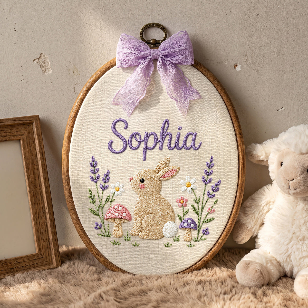 Custom Baby Name Bunny Mushrooms Lavender Flowers Embroidery Hoop Art Nursery Keepsake