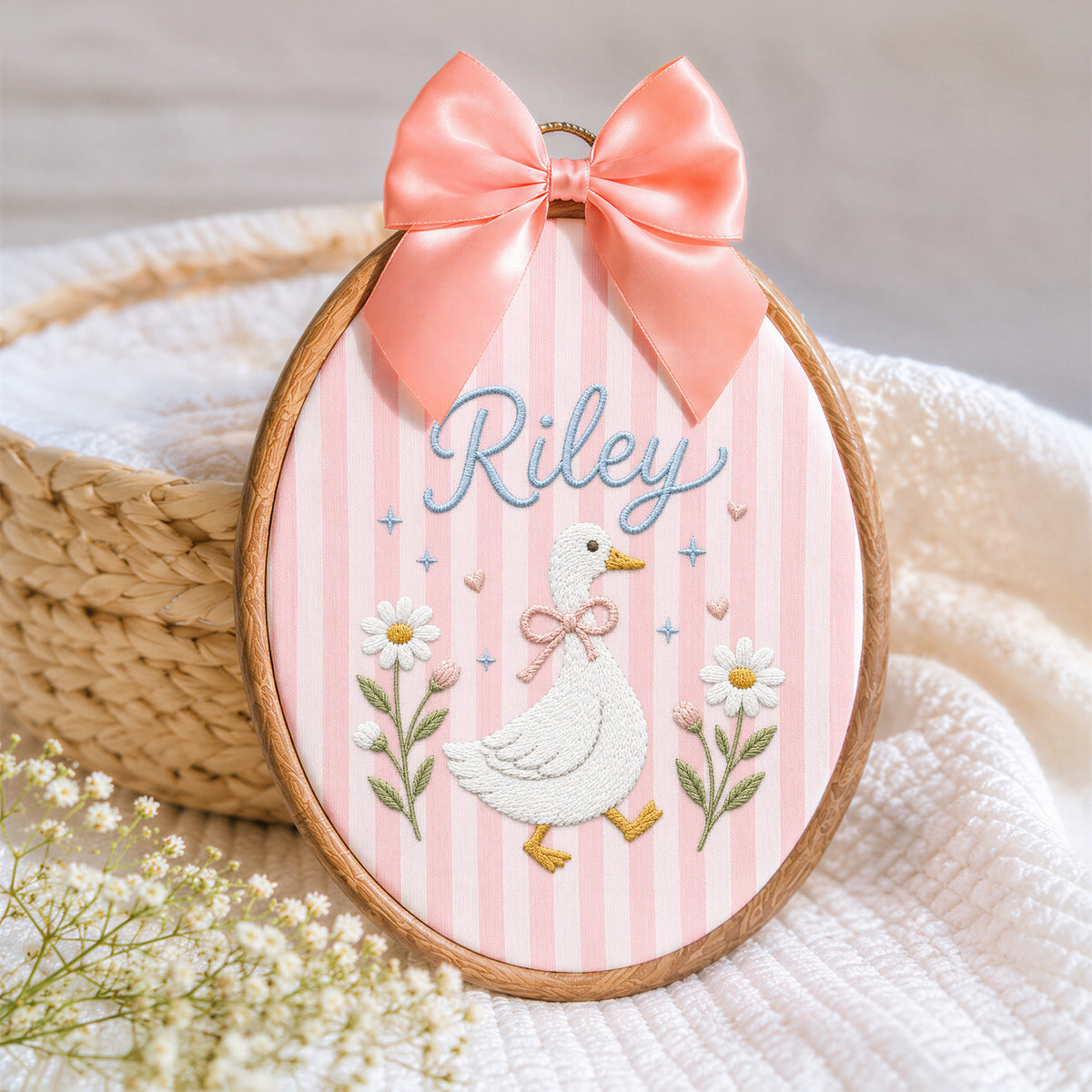 Custom Baby Name Goose Daisy Flowers Hearts Embroidery Hoop Art Nursery Decor Keepsake