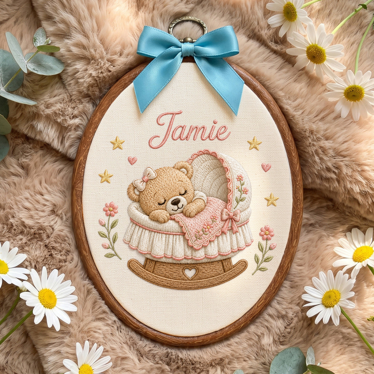 Custom Purple Sleeping Teddy Bear Bassinet Stars Embroidery Hoop Art Nursery Keepsake