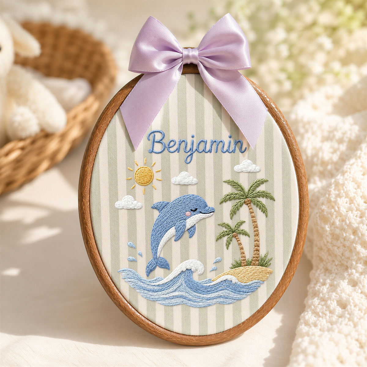 Custom Baby Name Dolphin Tropical Palm Trees Embroidery Hoop Art Nursery Decor Keepsake