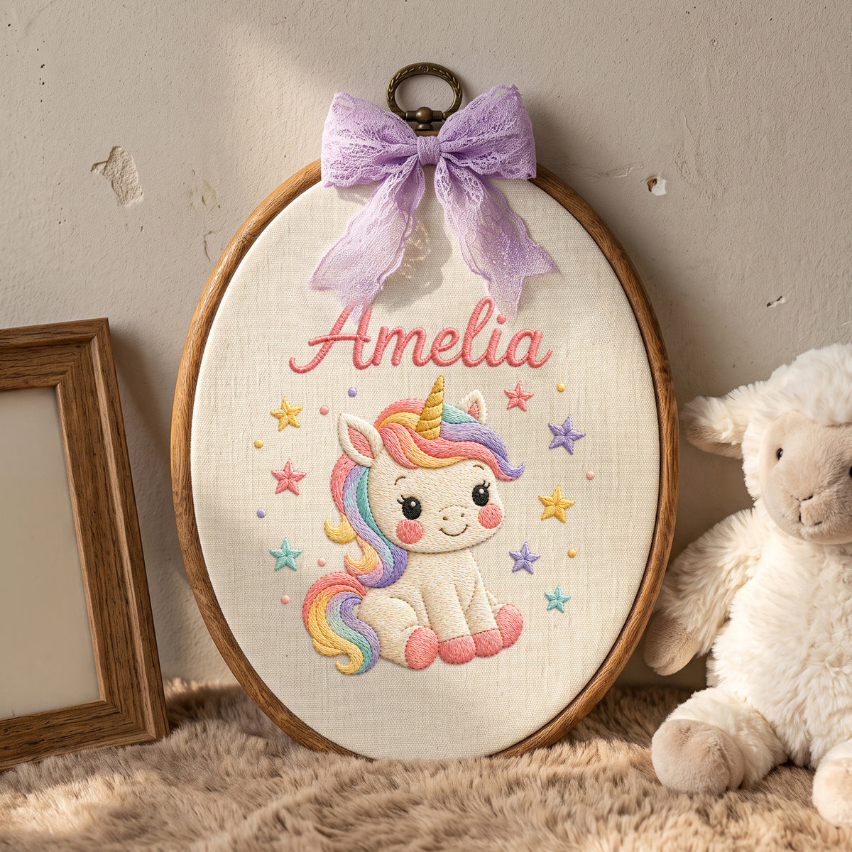 Personalized Baby Name Unicorn Rainbow Mane Stars Embroidery Hoop Art Nursery Keepsake