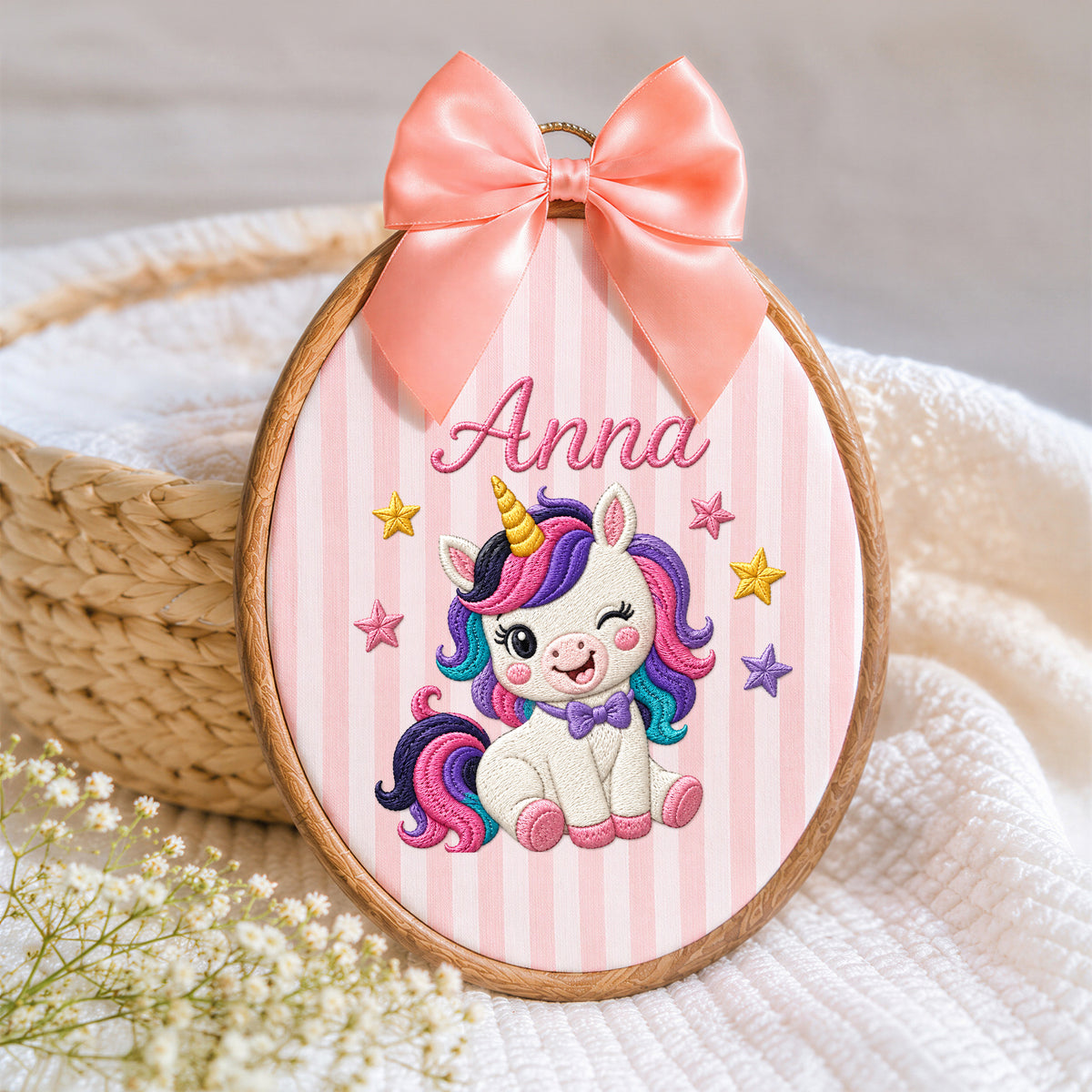 Custom Baby Name Winking Unicorn Stars Bow Embroidery Hoop Art Nursery Decor Keepsake