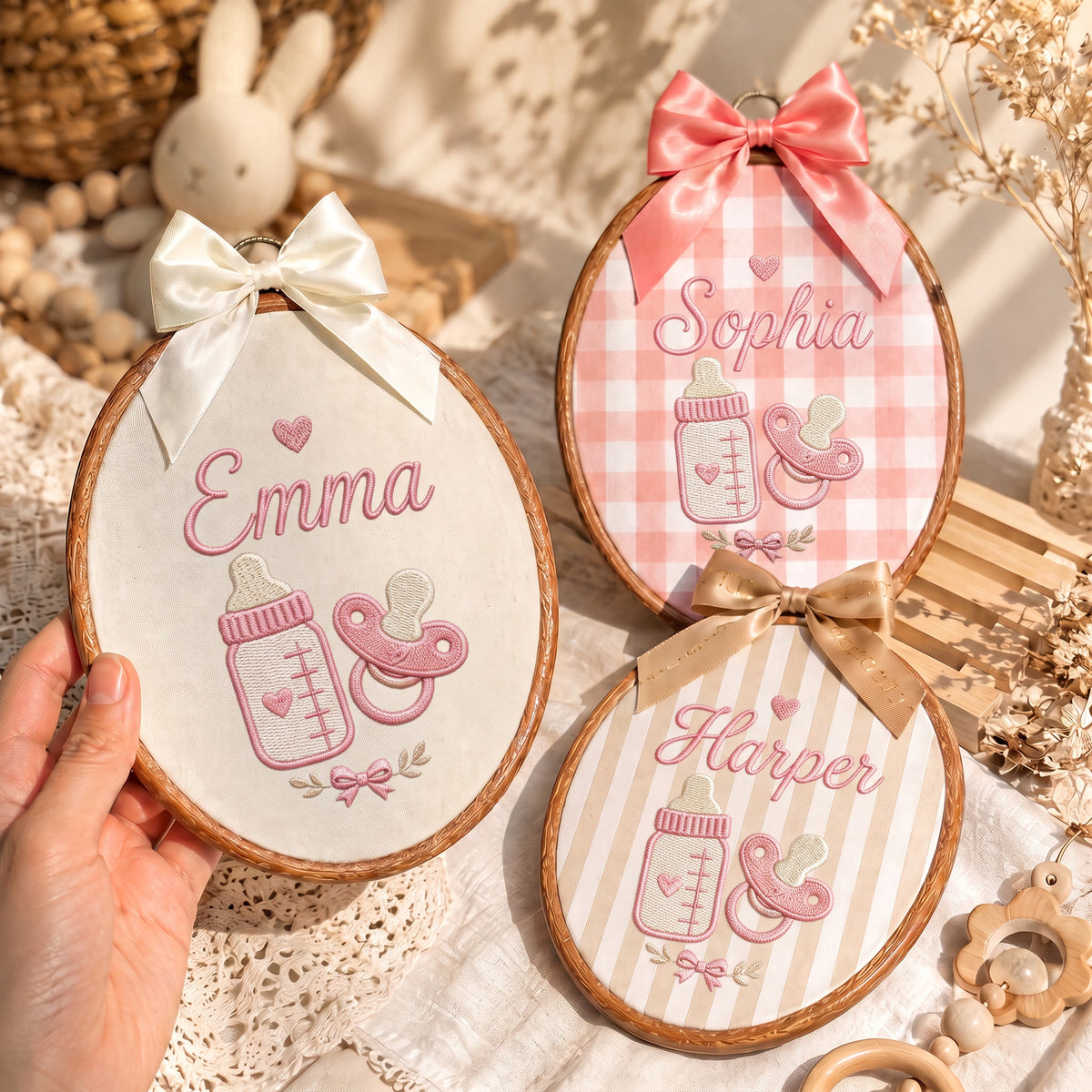 Personalized Baby Bottle Pacifier Embroidery Hoop Art Custom Nursery Decor Keepsake