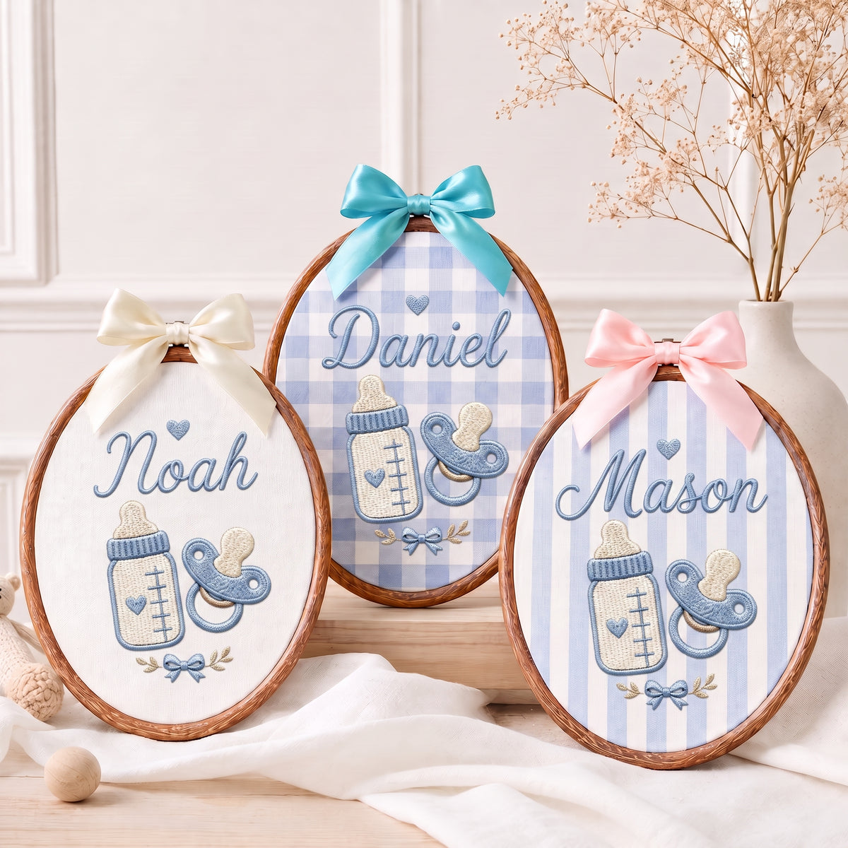 Handmade Baby Bottle Pacifier Embroidery Hoop Art Custom Nursery Wall Decor Keepsake