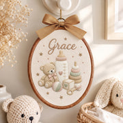 Personalized Baby Name Gingham Teddy Bear Toys Embroidery Hoop Art Nursery Keepsake