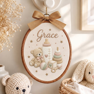 Personalized Baby Name Gingham Teddy Bear Toys Embroidery Hoop Art Nursery Keepsake