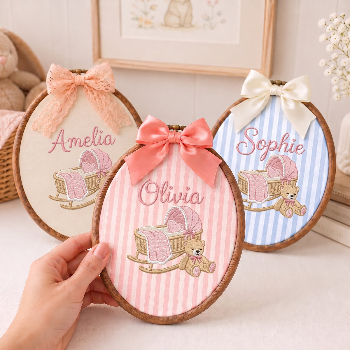 Personalized Baby Name Gingham Rocking Cradle Teddy Bear Embroidery Hoop Art Keepsake