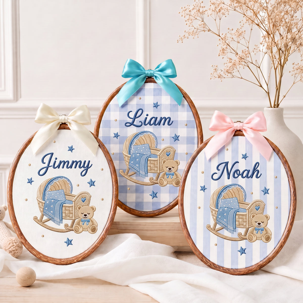 Handmade Baby Name Rocking Cradle Teddy Bear Embroidery Hoop Art Nursery Keepsake