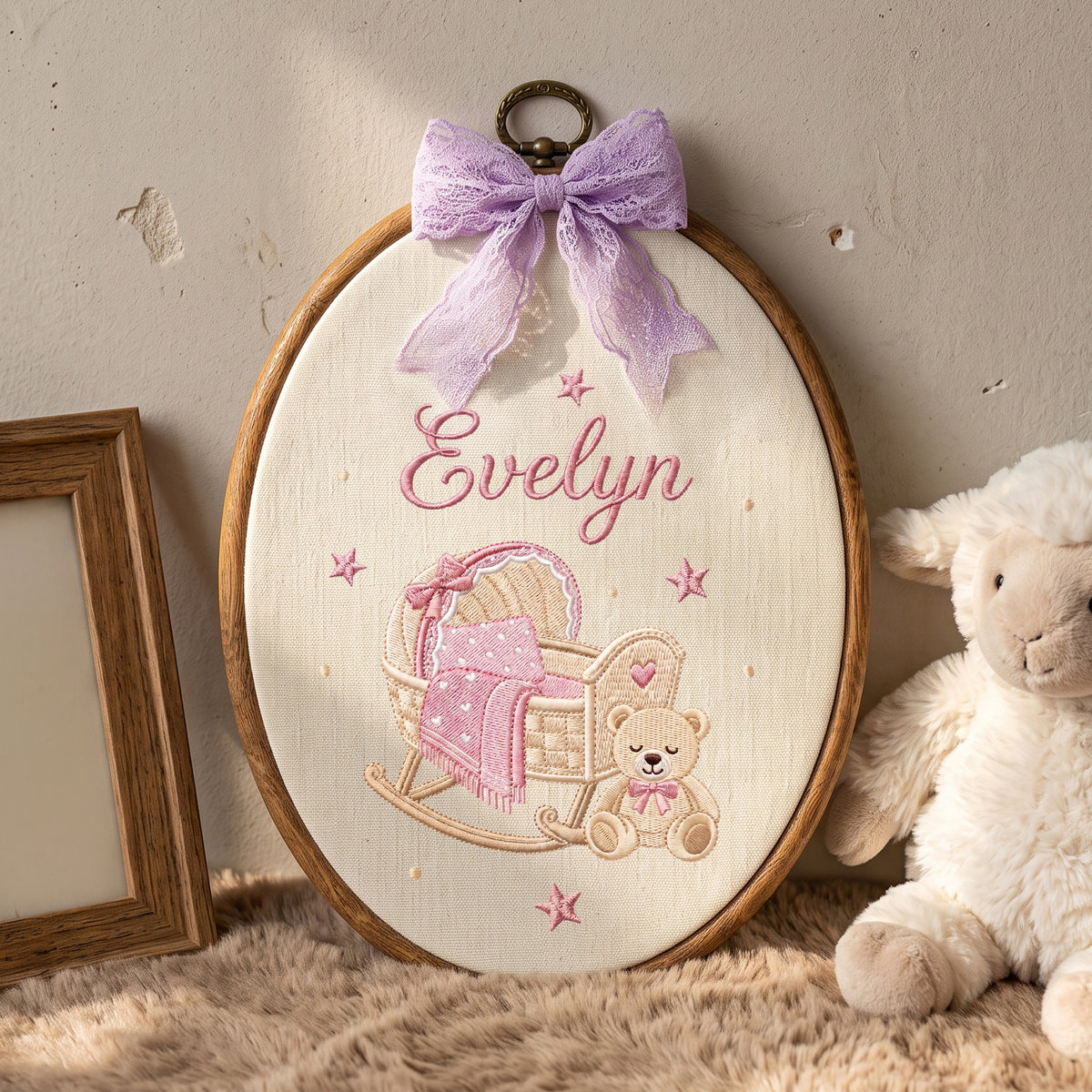 Personalized Baby Name Rocking Cradle Teddy Bear Embroidery Hoop Art Nursery Keepsake