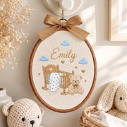 Personalized Baby Name Rocking Cradle Teddy Bear Stars Embroidery Hoop Art Keepsake