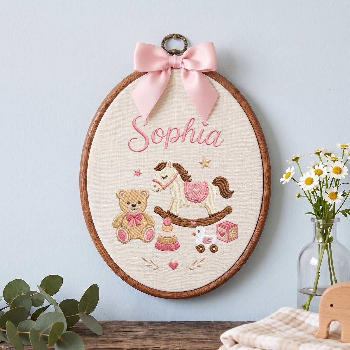 Personalized Baby Name Rocking Horse Teddy Bear Toys Embroidery Hoop Art Keepsake
