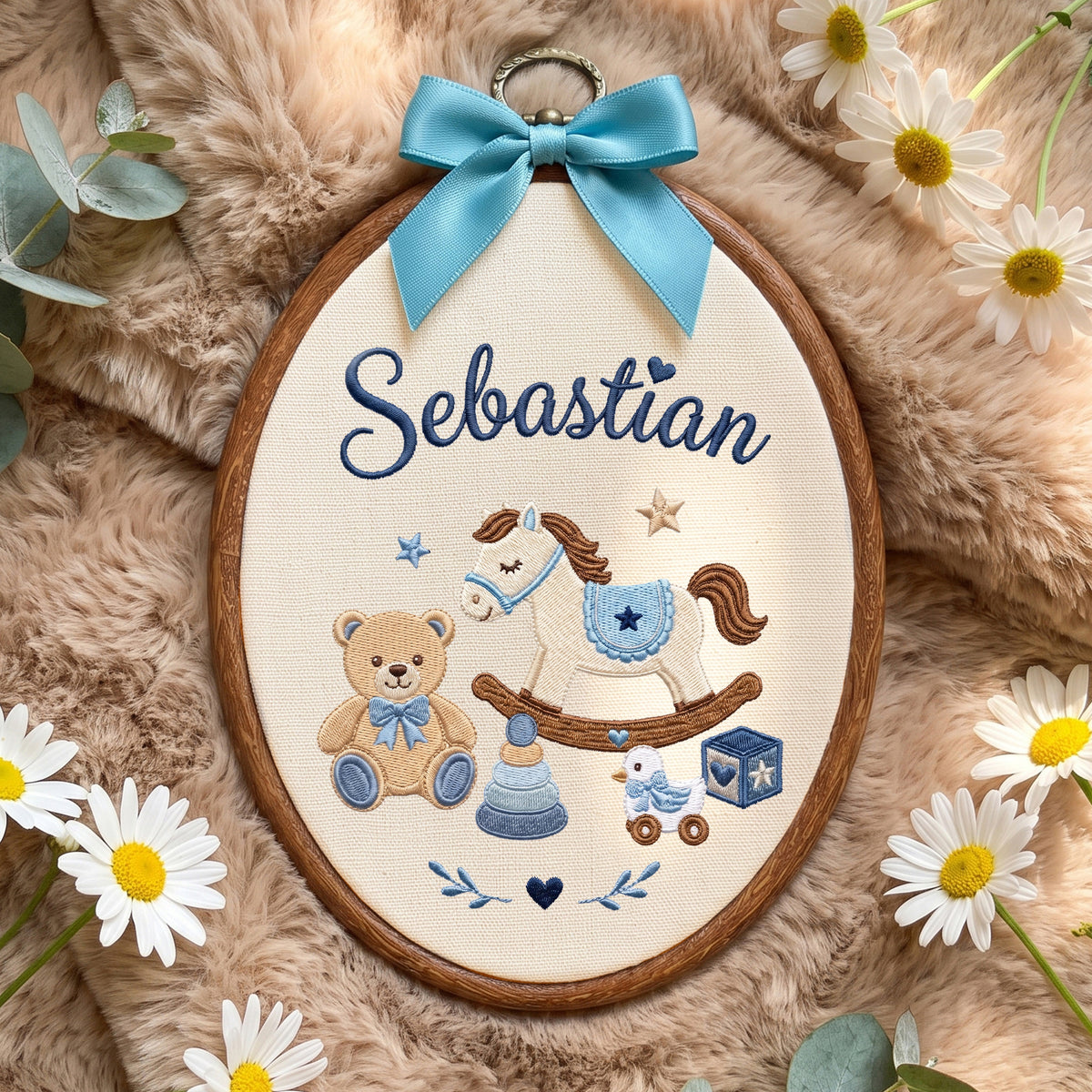 Custom Baby Name Rocking Horse Teddy Bear Toys Embroidery Hoop Art Nursery Keepsake