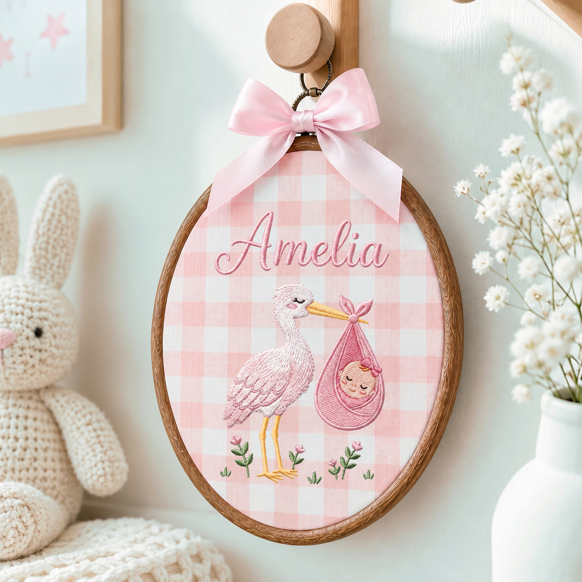 Custom Baby Name Stork Bird Bundle Embroidery Hoop Art Custom Nursery Decor Keepsake