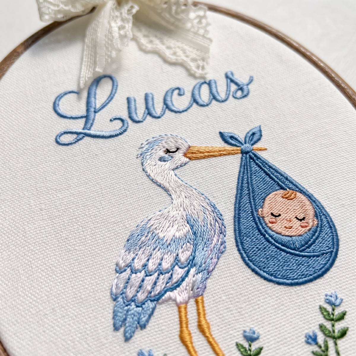 Handmade Baby Name Stork Bird Bundle Embroidery Hoop Art Custom Nursery Decor Keepsake