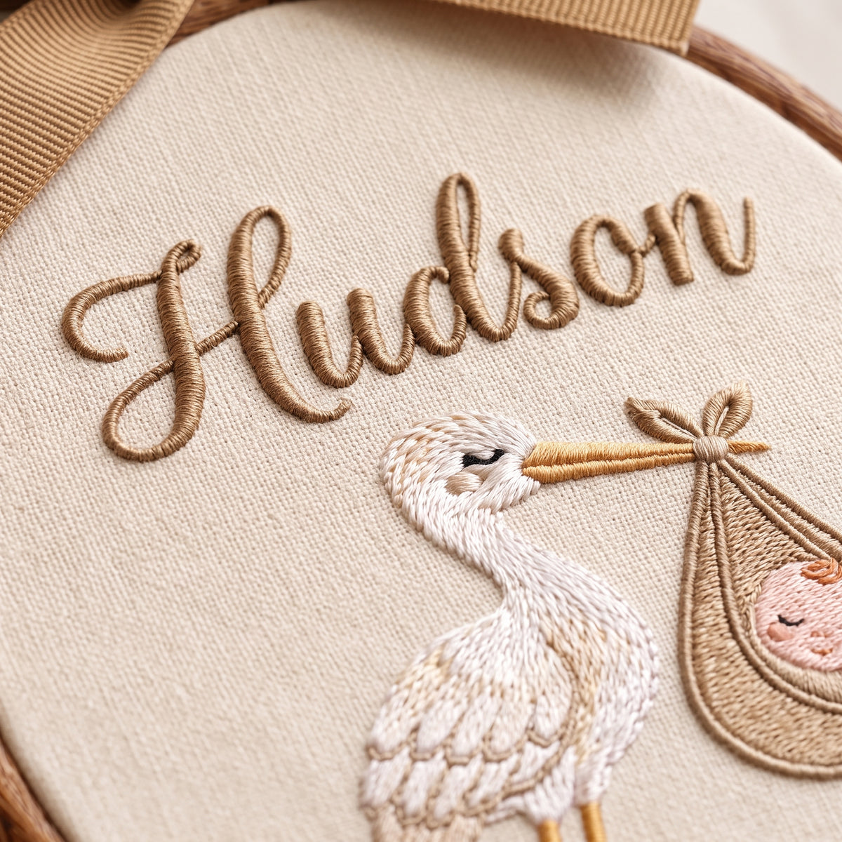 Neutral Beige Stork Bird Bundle Embroidery Hoop Art Custom Nursery Decor Keepsake