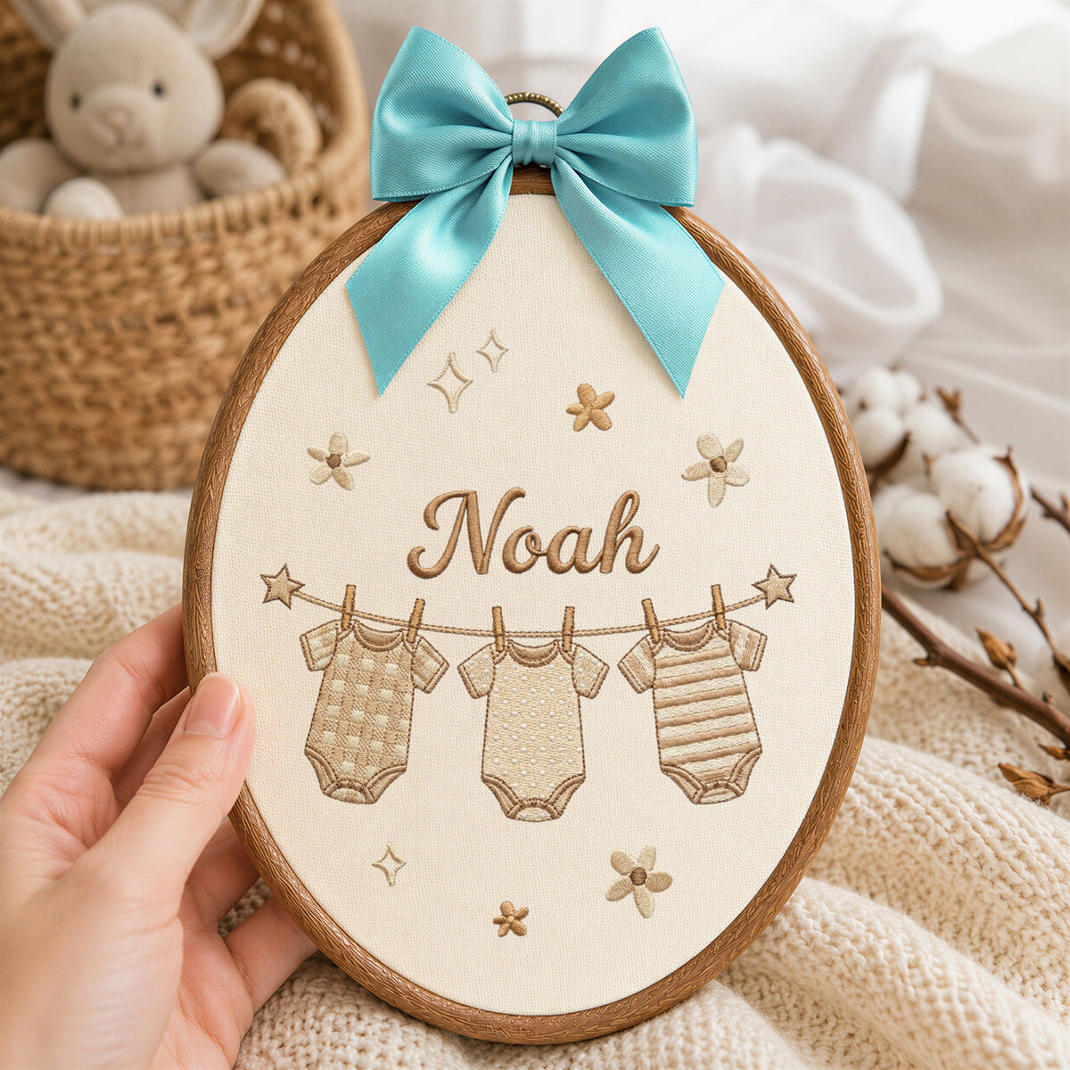 Custom Baby Name Hanging Onesies Clothesline Embroidery Hoop Art Nursery Keepsake