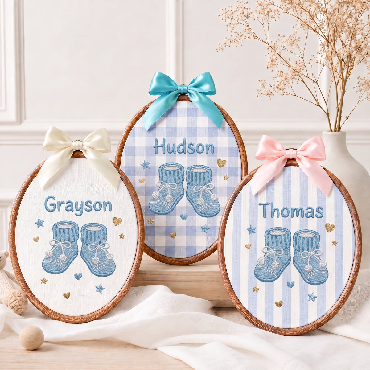 Personalized Baby Name Knitted Booties Embroidery Hoop Art Custom Nursery Keepsake
