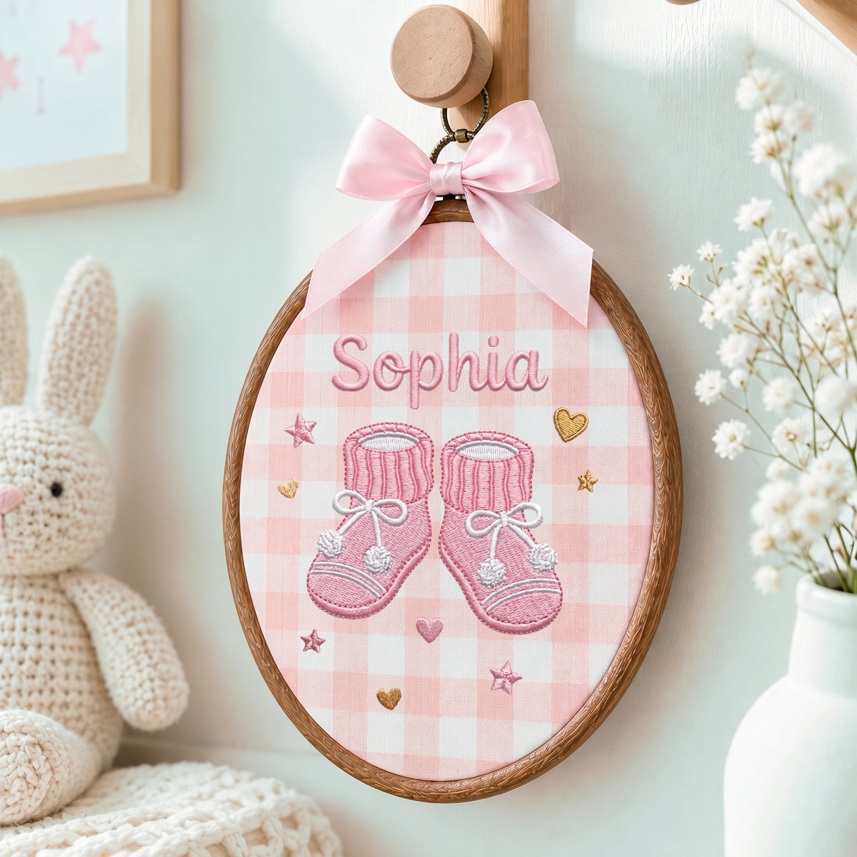 Handmade Baby Name Knitted Booties Embroidery Hoop Art Custom Nursery Decor Keepsake