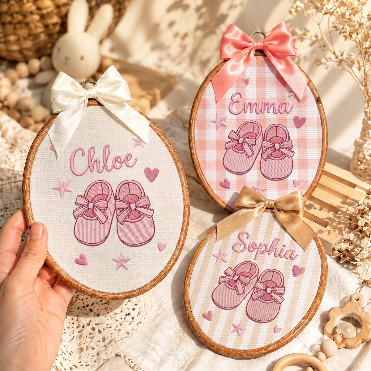 Personalized Baby Name Cute Shoes Embroidery Hoop Art Custom Nursery Decor Keepsake