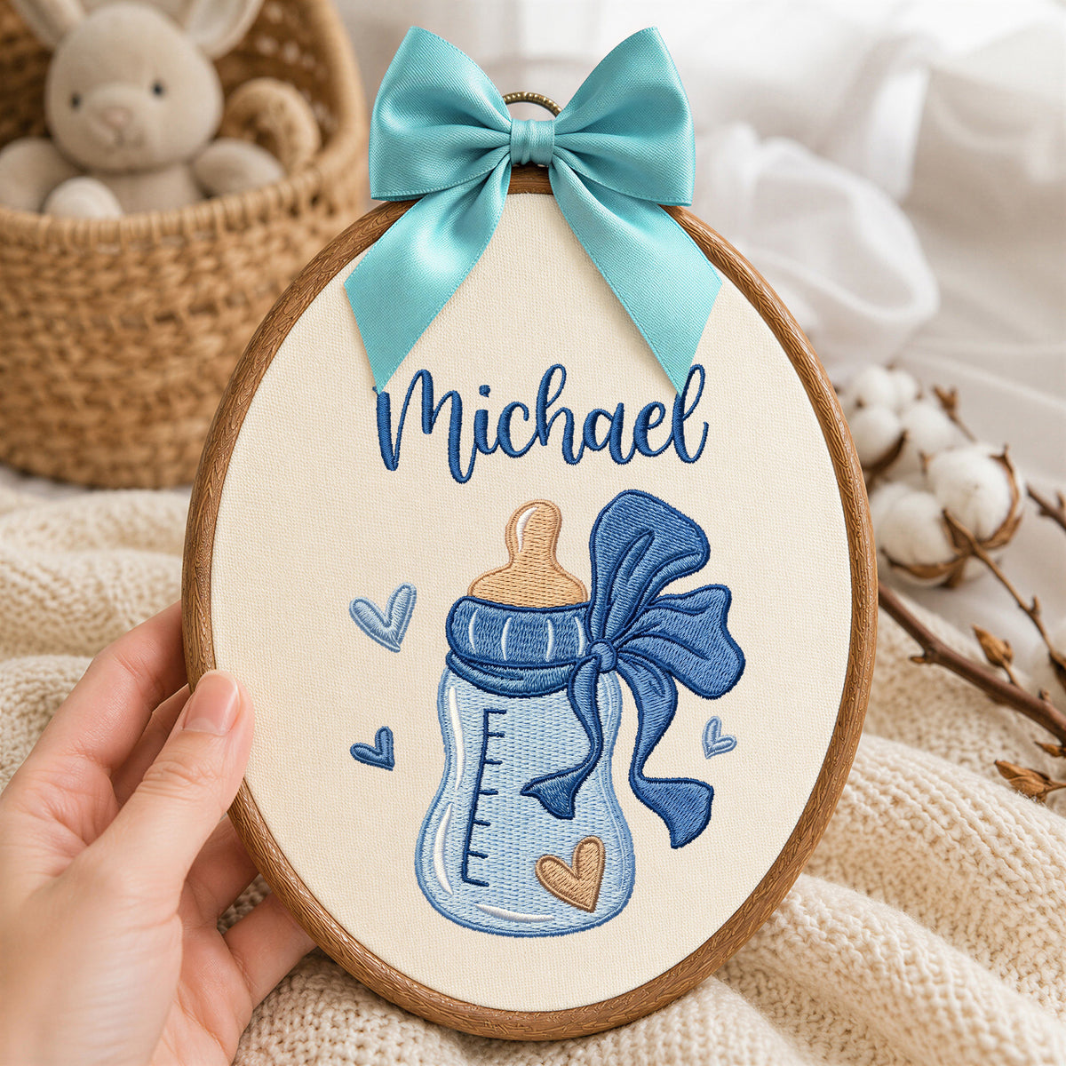 Personalized Baby Name Blue Feeding Bottle Embroidery Hoop Art Nursery Decor Keepsake