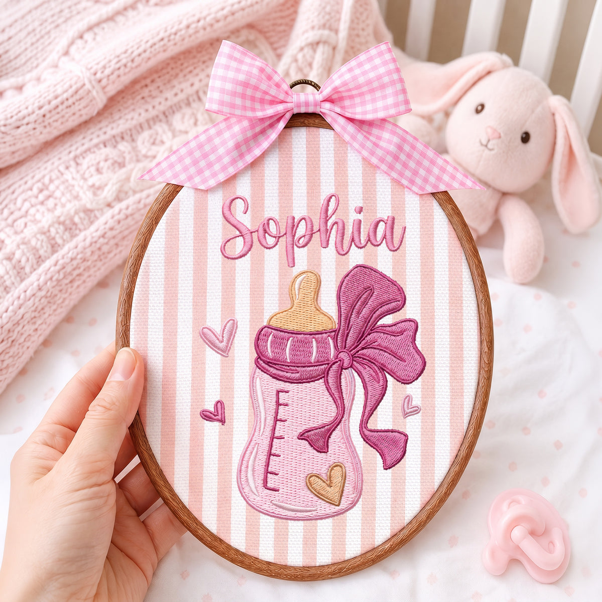 Personalized Baby Name Pink Feeding Bottle Embroidery Hoop Art Nursery Decor Keepsake