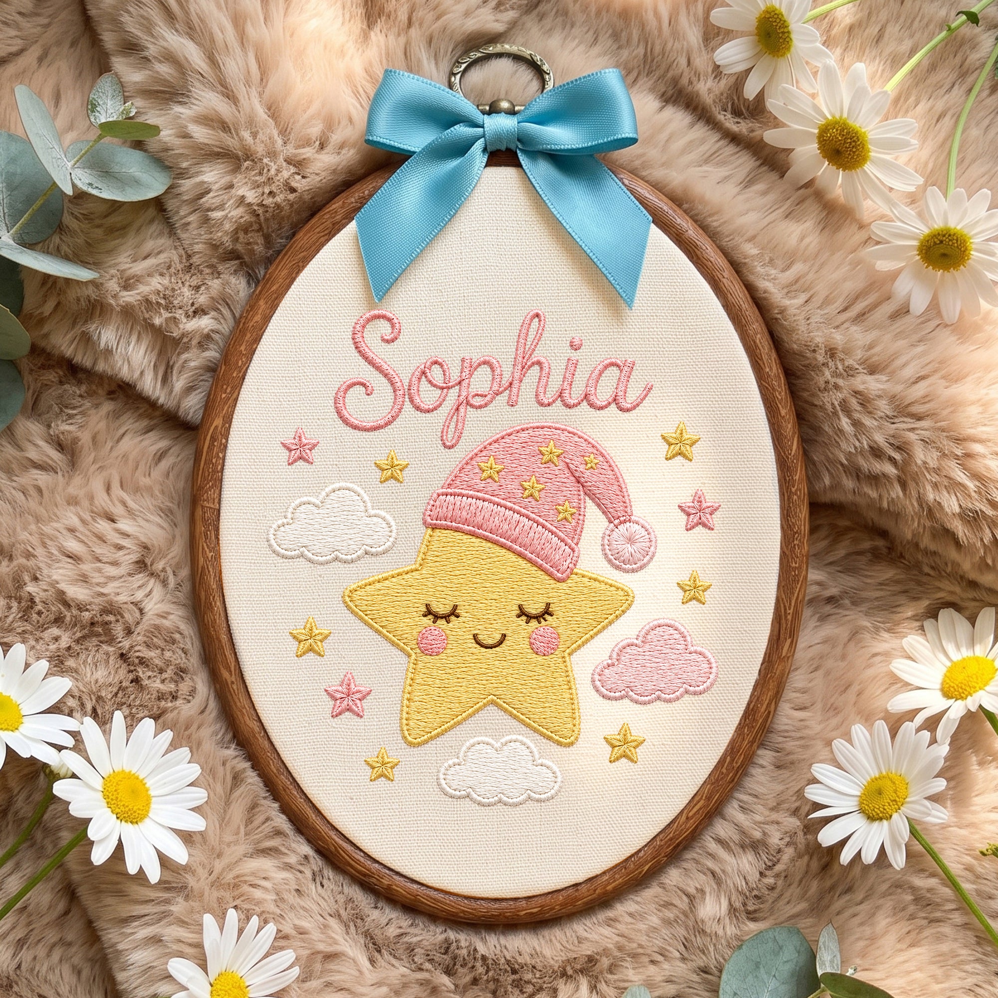 Personalized Baby Name Embroidered Hoop Wall Art - Sleeping Star Nursery Sign Gift