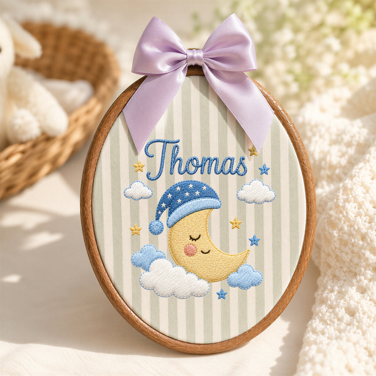 Handmade Baby Name Sleepy Moon Embroidery Hoop Art Custom Nursery Wall Decor Keepsake