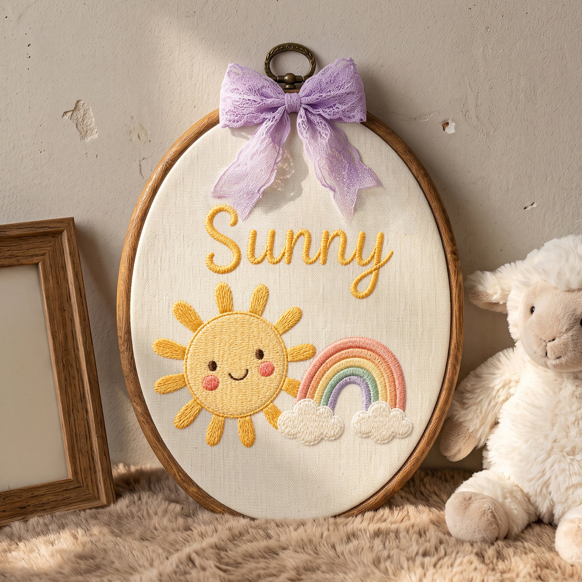 Personalized Baby Name Sunshine Rainbow Embroidery Hoop Art Custom Nursery Decor Keepsake