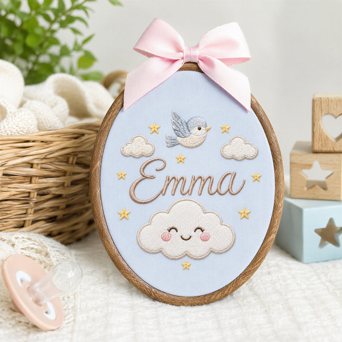 Custom Baby Name Little Bird Cloud Embroidery Hoop Art Custom Nursery Decor Keepsake