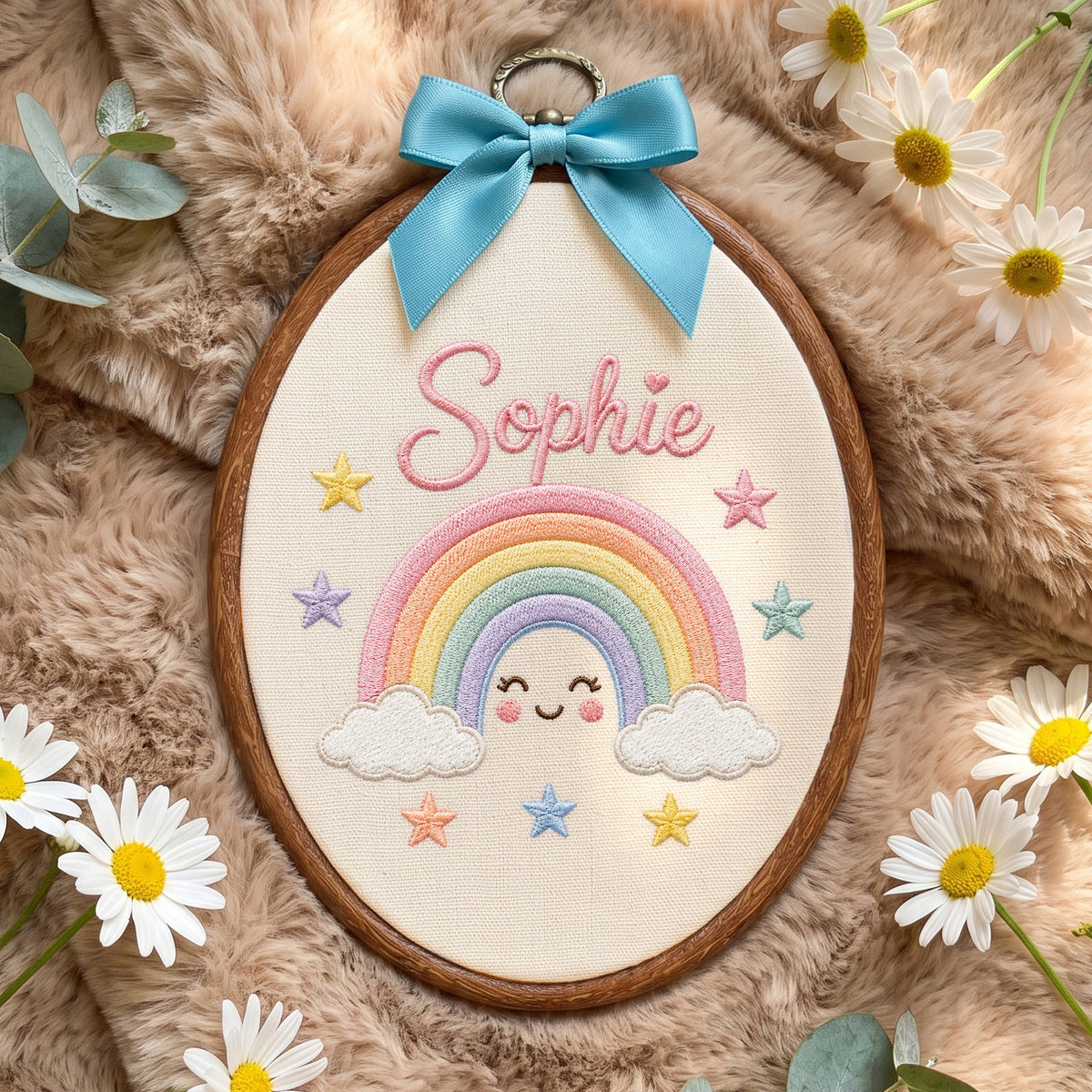 Personalized Baby Name Smiling Rainbow Embroidery Hoop Art Custom Nursery Decor Keepsake