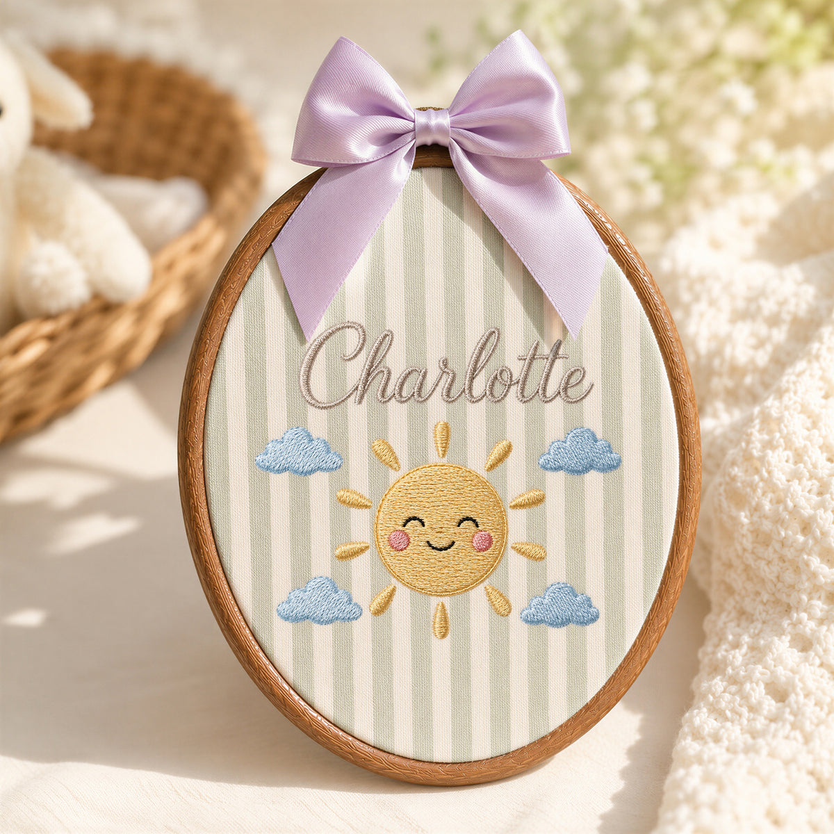 Handmade Baby Name Smiling Sun Embroidery Hoop Art Custom Nursery Wall Decor Keepsake
