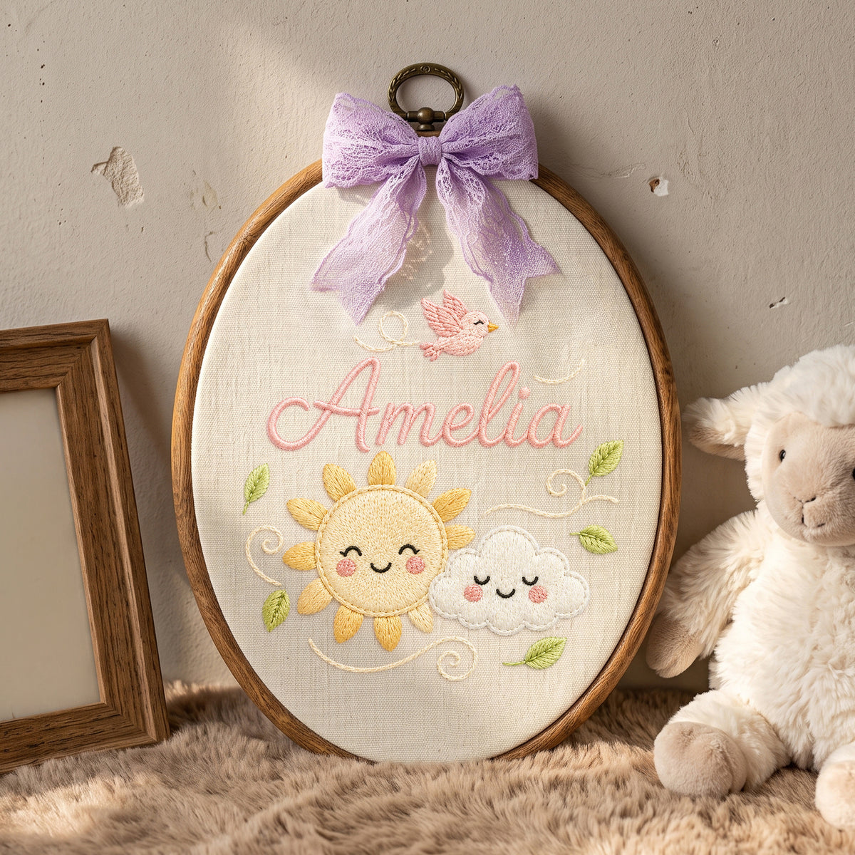 Custom Baby Name Sun Cloud Bird Embroidery Hoop Art Custom Nursery Decor Keepsake