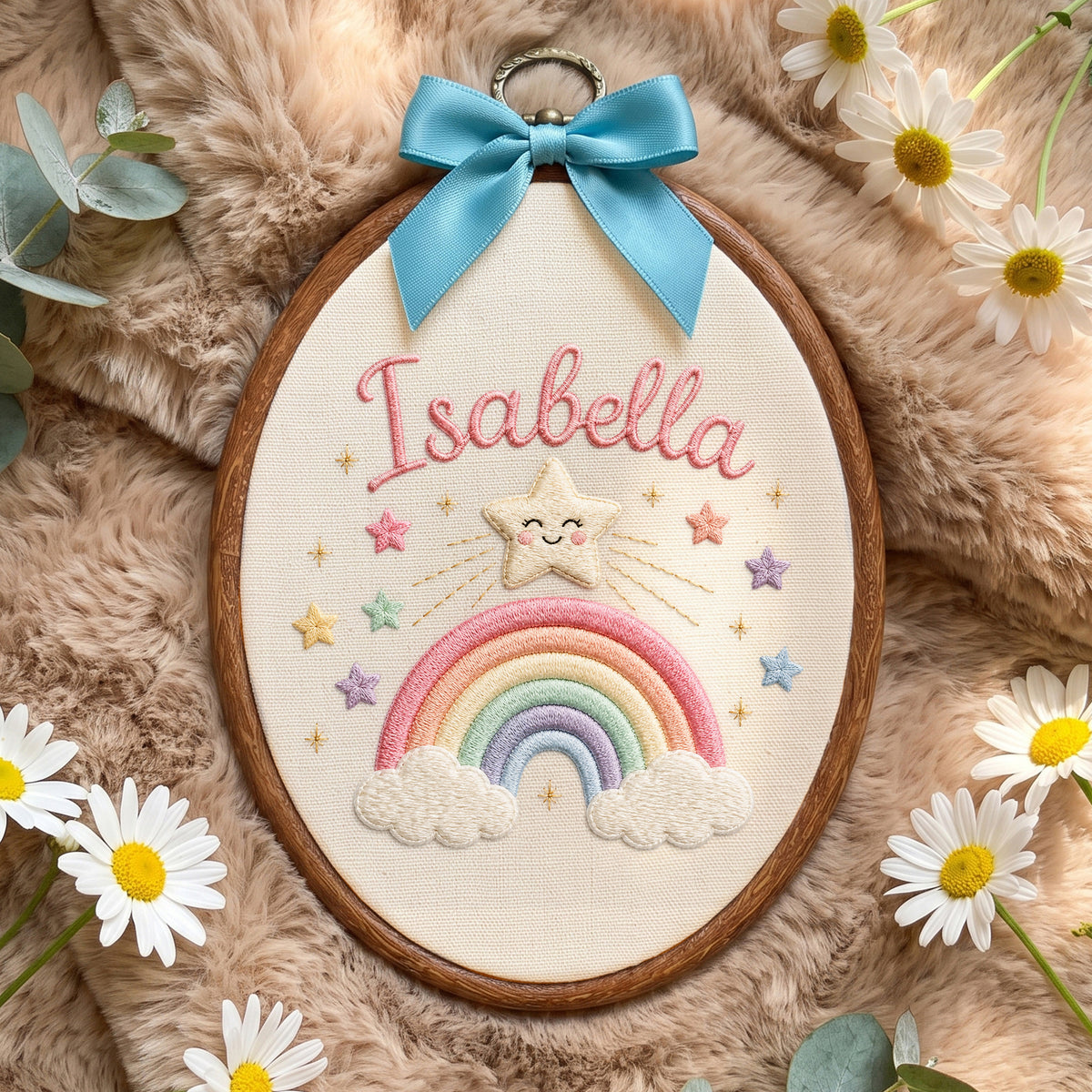 Custom Baby Name Rainbow Star Embroidery Hoop Art Custom Nursery Wall Decor Keepsake
