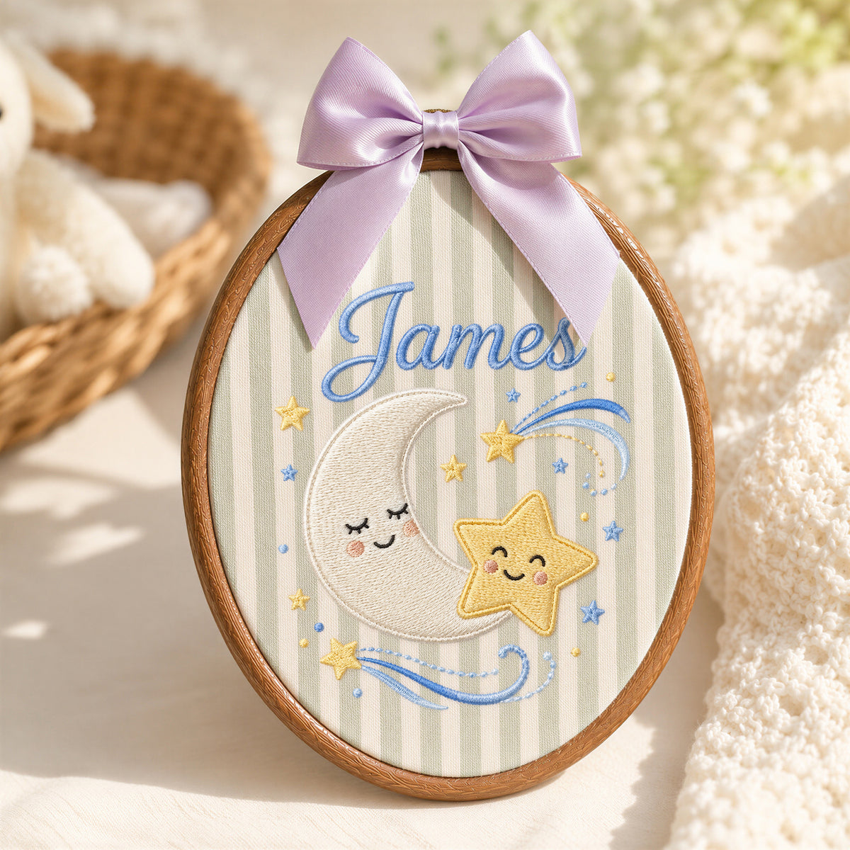 Personalized Baby Name Moon Star Embroidery Hoop Art Custom Nursery Decor Keepsake