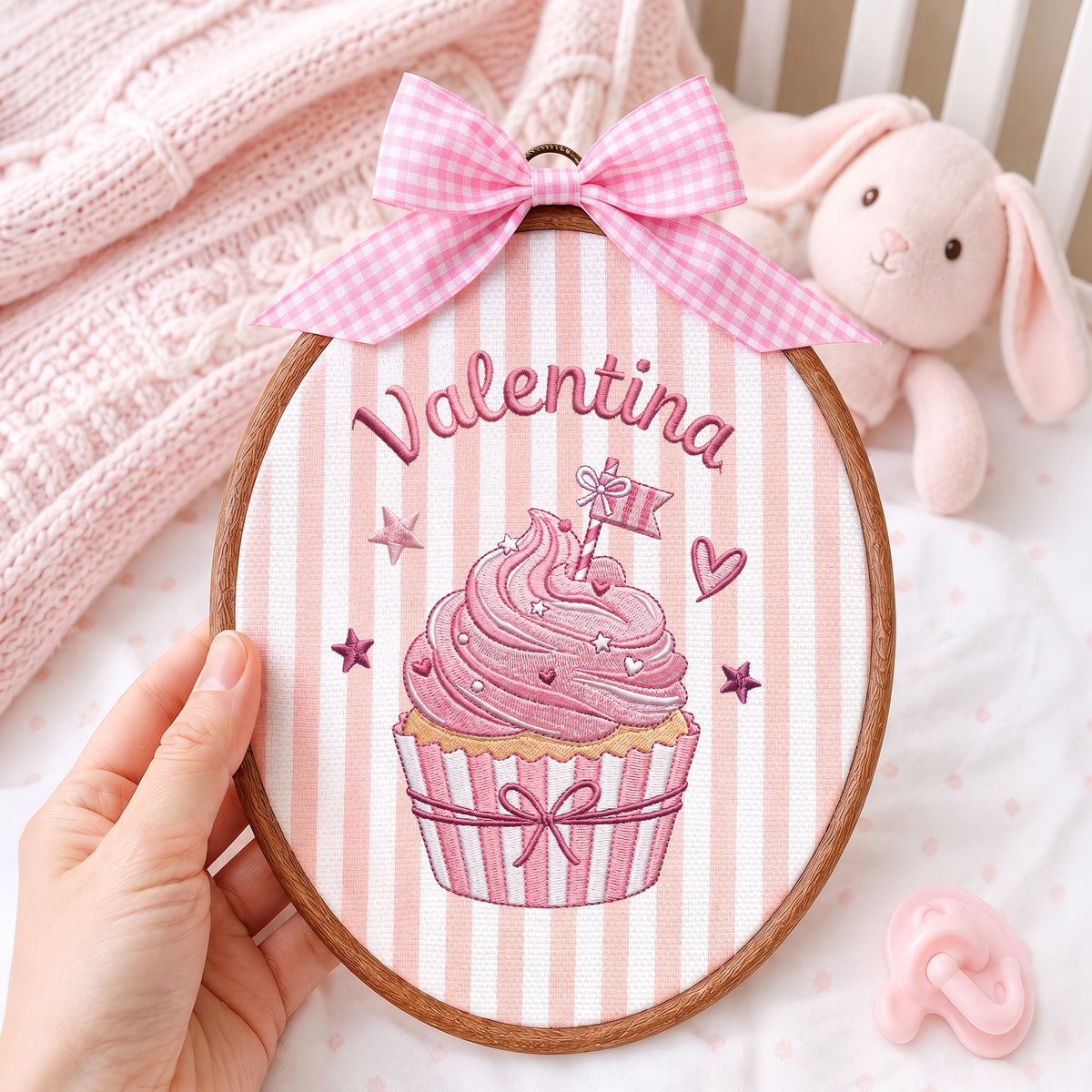Handmade Baby Name Cupcake Embroidery Hoop Art Custom Nursery Wall Decor Keepsake