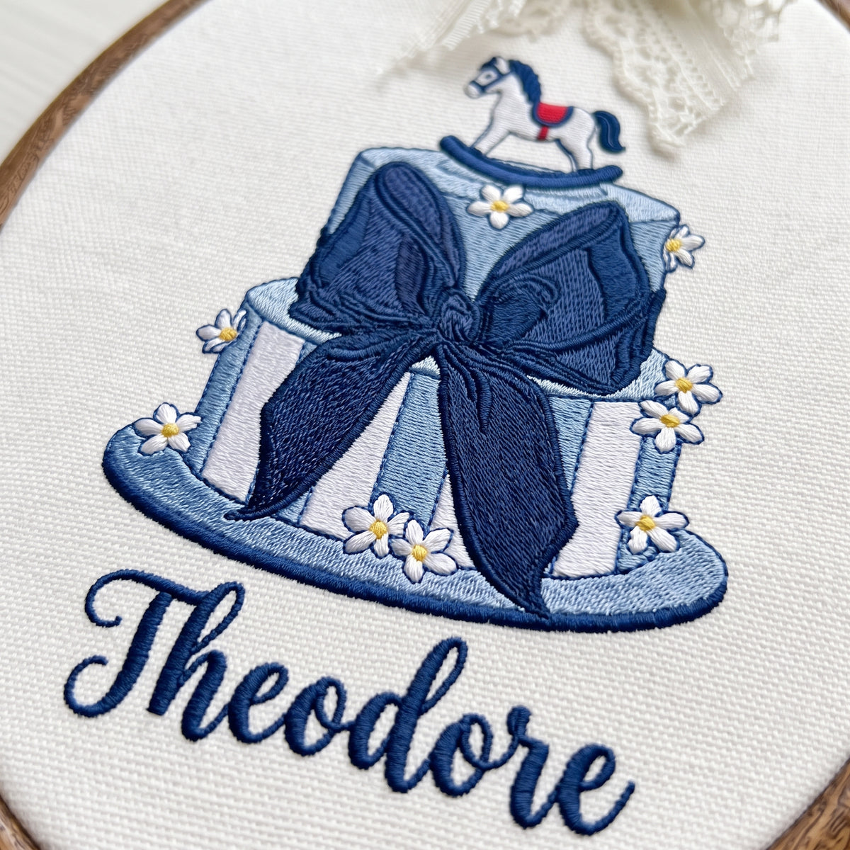 Handmade Baby Name Rocking Horse Cake Embroidery Hoop Art Custom Nursery Decor Keepsake
