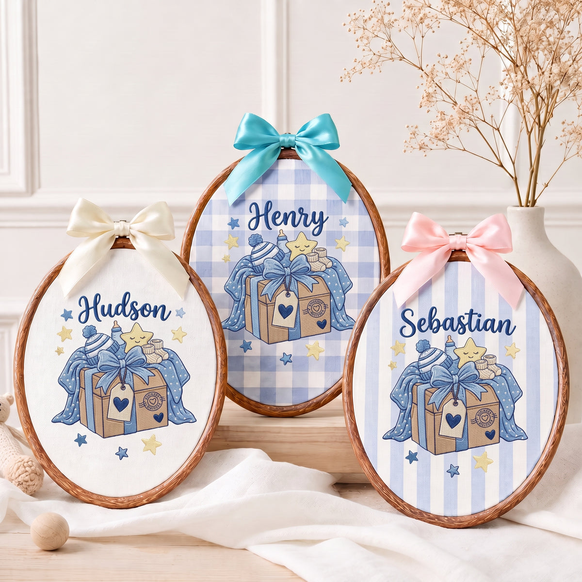 Personalized Baby Name Present Box Embroidery Hoop Art Custom Nursery Decor Keepsake