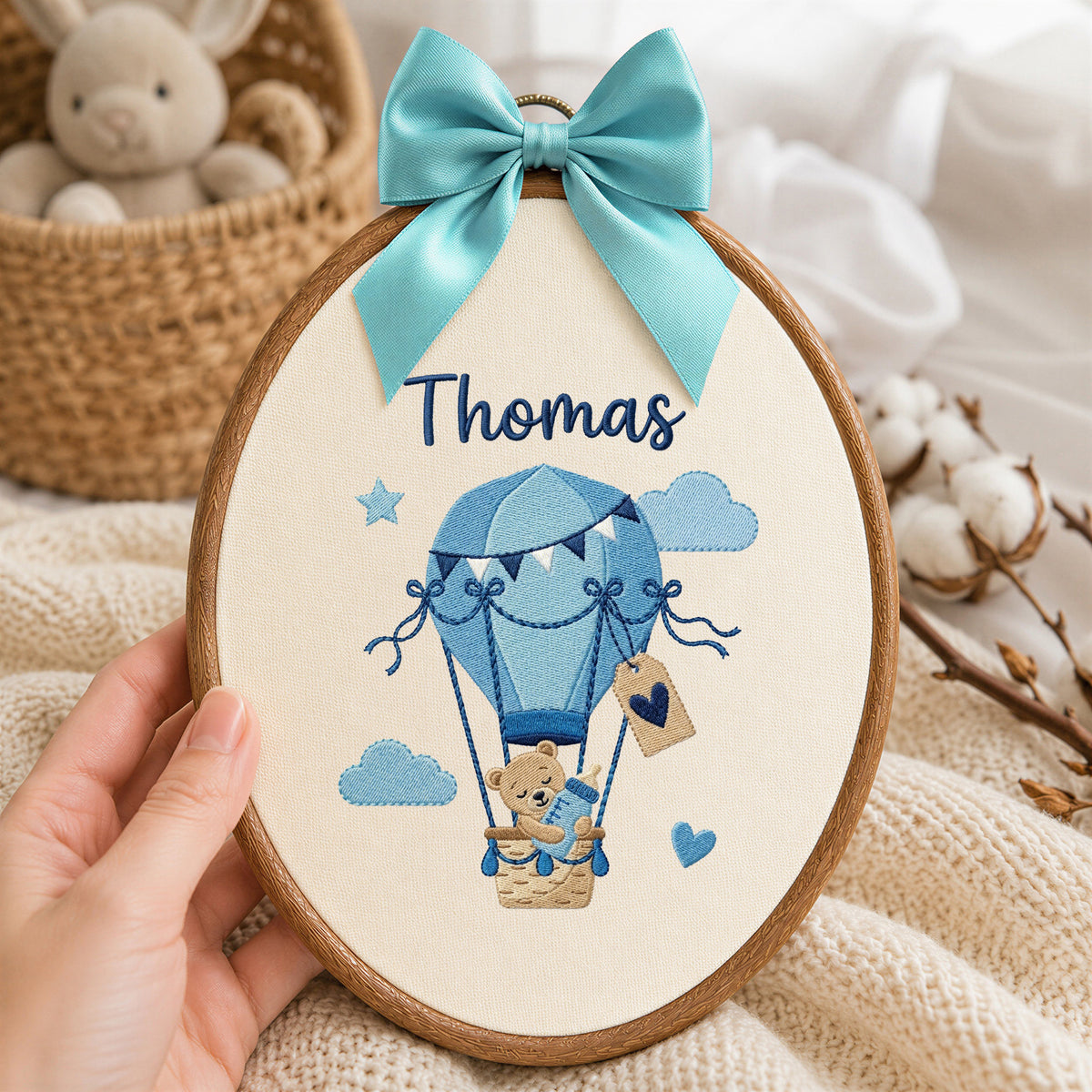 Personalized Baby Name Bear Balloon Embroidery Hoop Art Custom Nursery Decor Keepsake