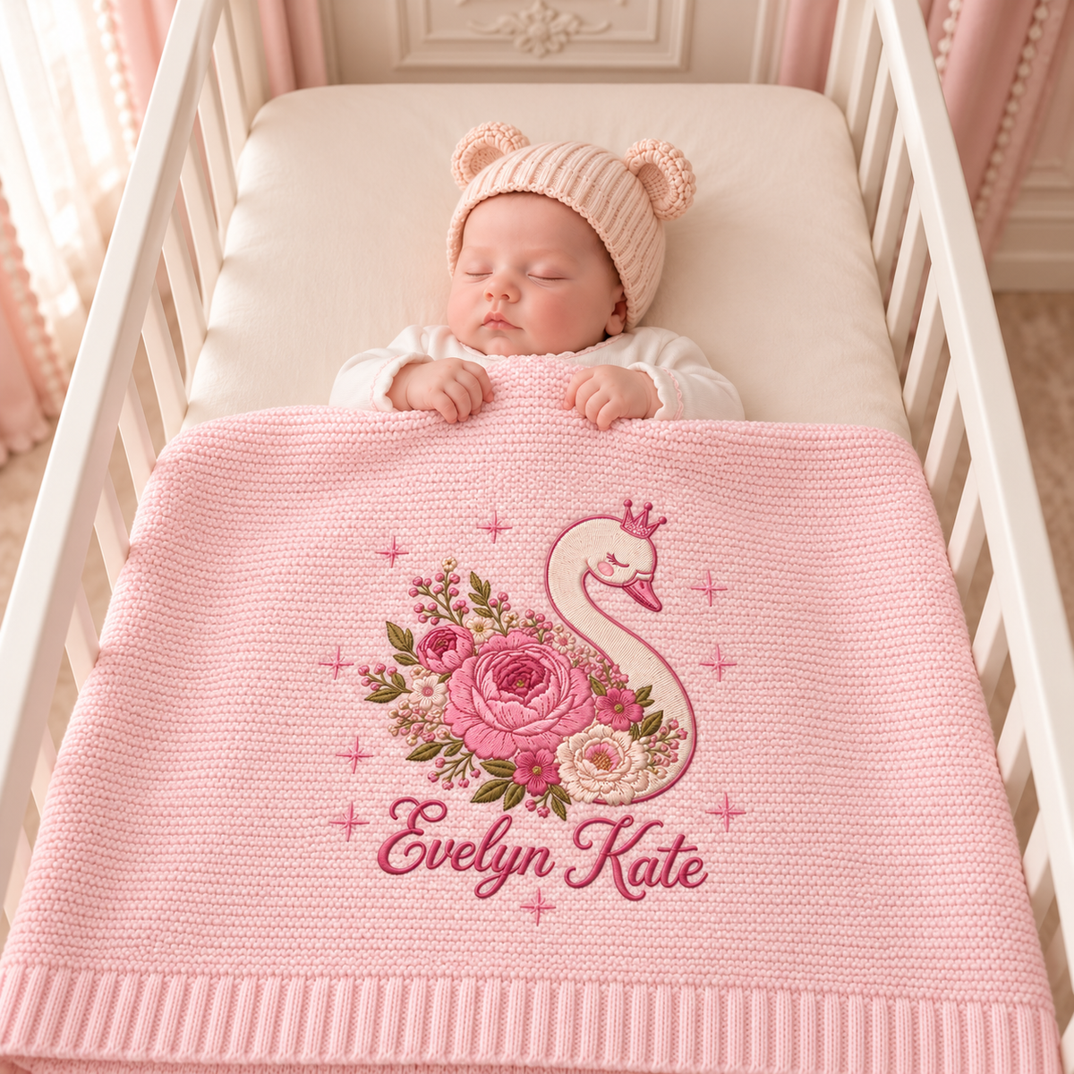 Custom Name Baby Knitted Blanket Swan Floral Crown Warm Infant Swaddle Sheet Throw Cover