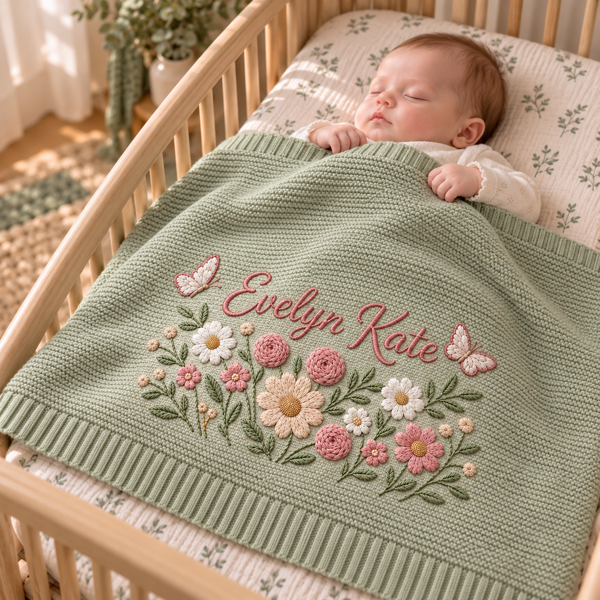 Custom Name Baby Knitted Blanket Garden Flowers Butterflies Warm Infant Swaddle Sheet