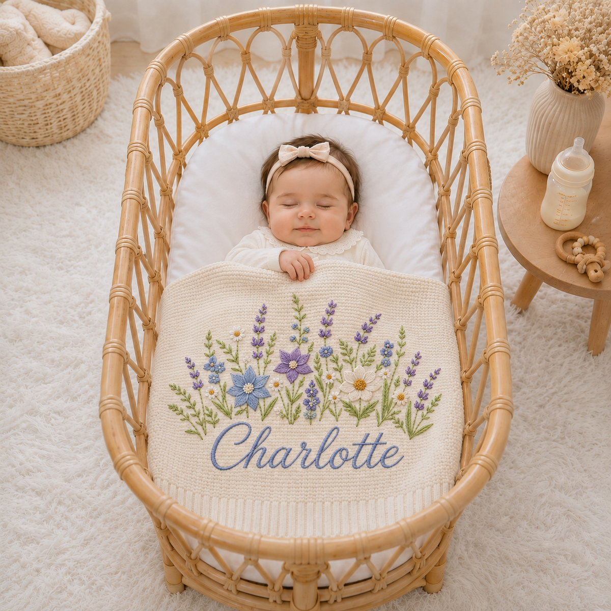 Custom Name Baby Knitted Blanket Lavender Wildflowers Warm Infant Swaddle Sheet Throw