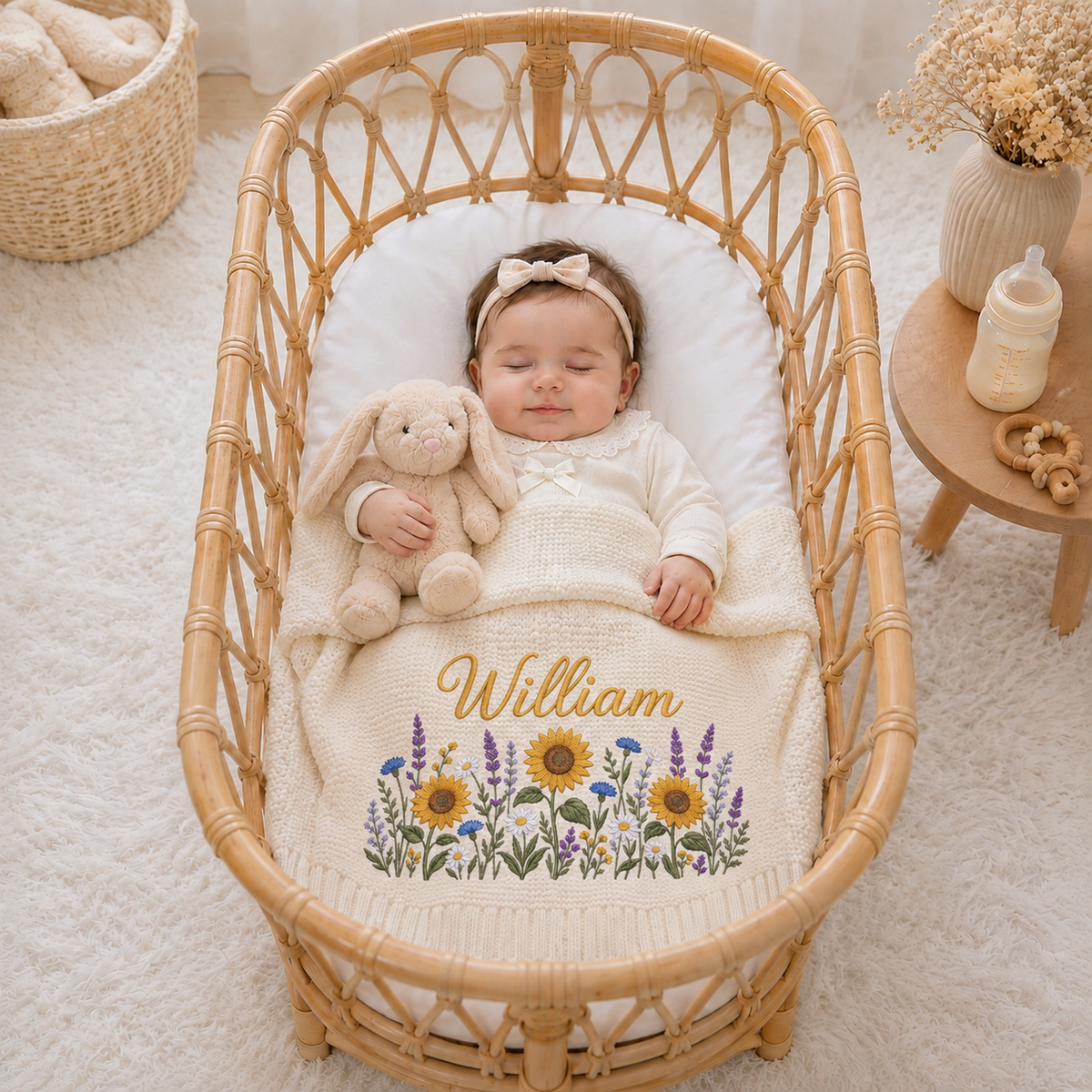 Custom Name Baby Knitted Blanket Sunflowers Lavender Warm Infant Swaddle Sheet Throw