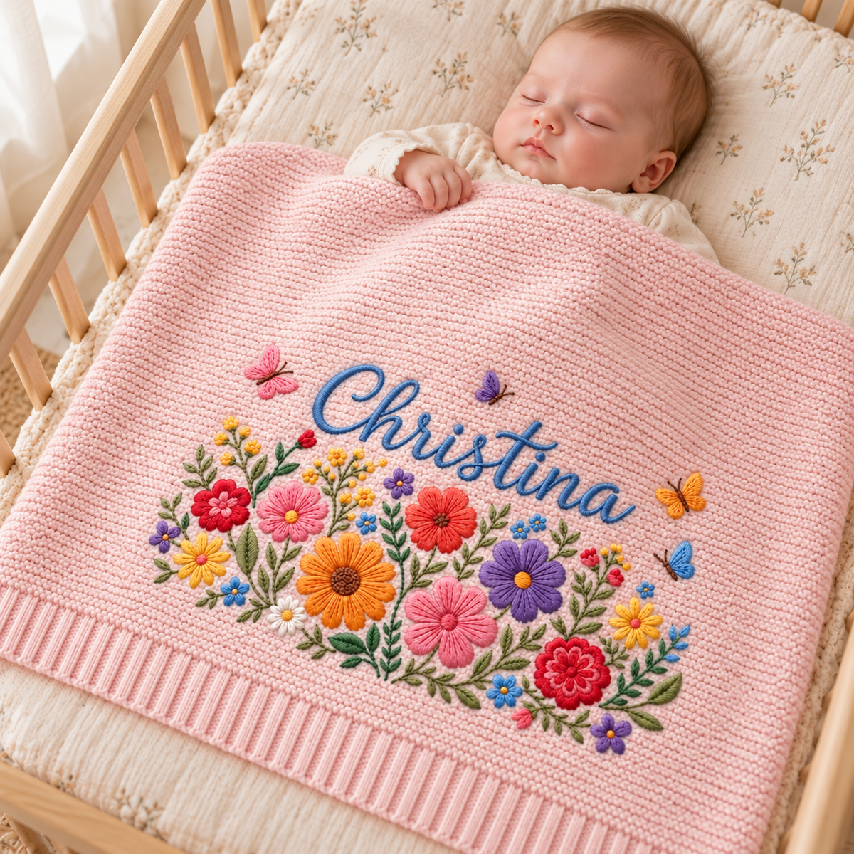 Custom Name Baby Knitted Blanket Wildflowers Butterflies Warm Infant Swaddle Sheet Throw