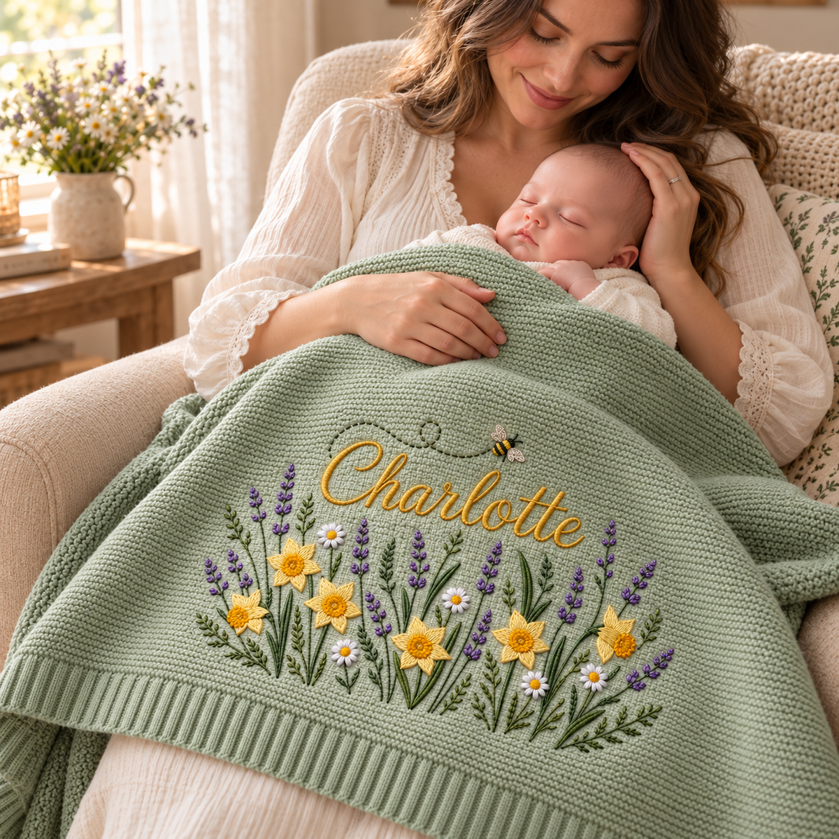Custom Name Baby Knitted Blanket Daffodils Lavender Bee Warm Infant Swaddle Sheet Throw