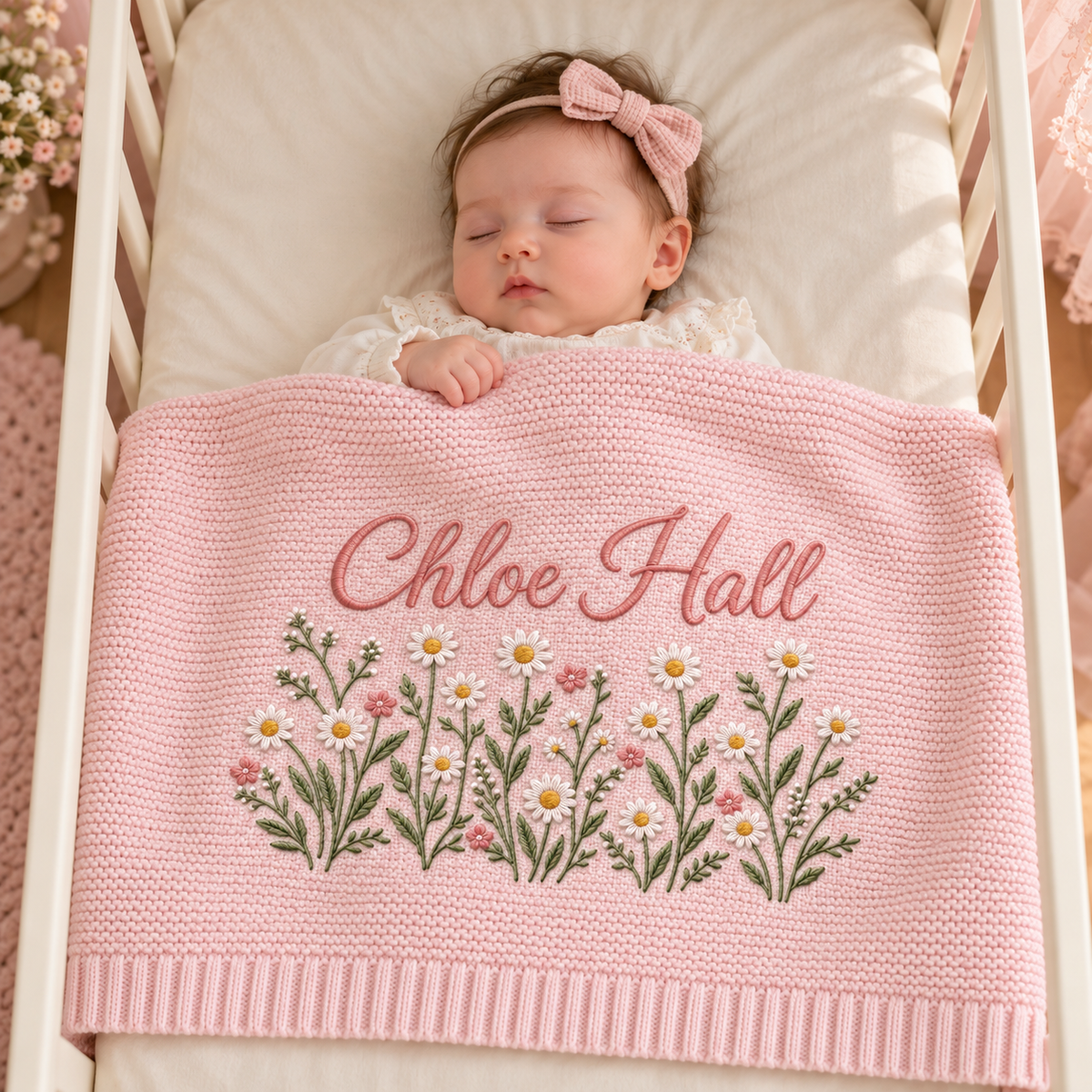Custom Name Baby Knitted Blanket Daisy Flowers Garden Warm Infant Swaddle Sheet Throw