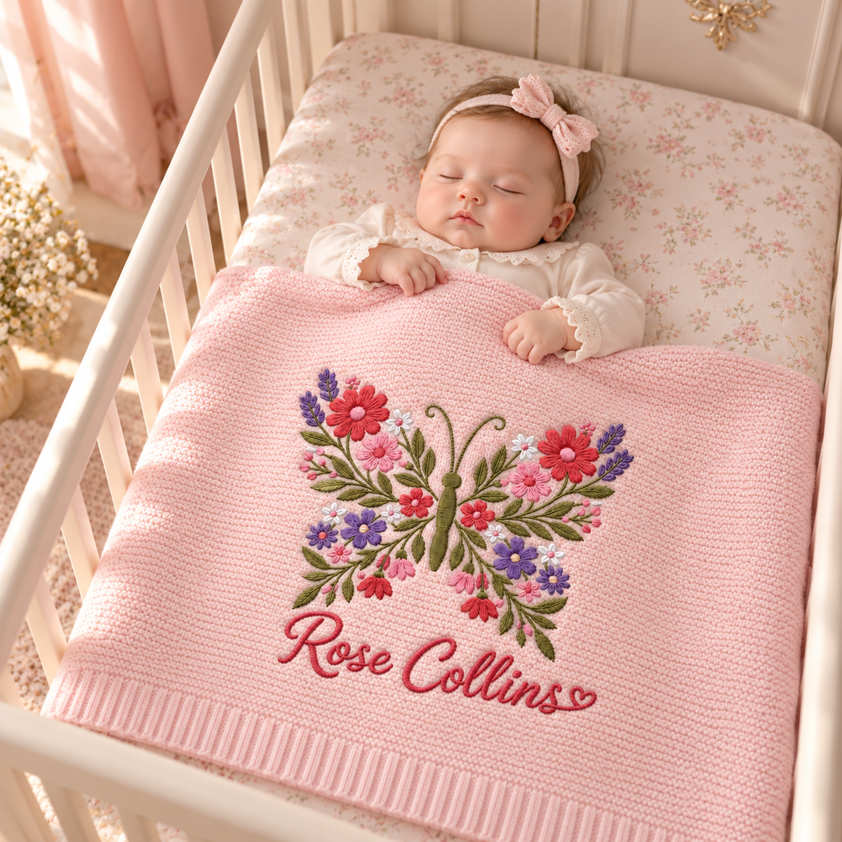 Custom Name Baby Knitted Blanket Floral Butterfly Warm Infant Swaddle Sheet Throw Cover