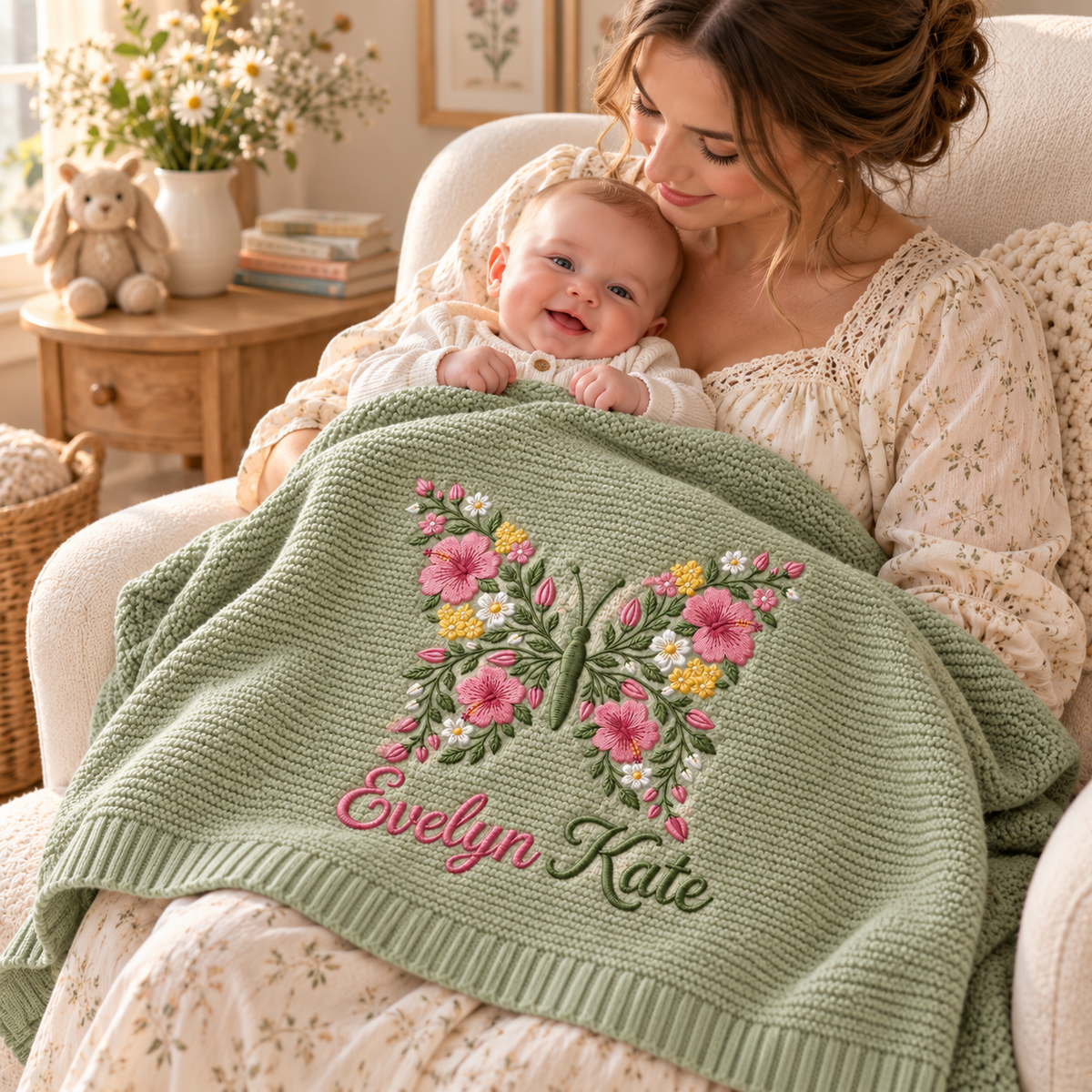 Custom Name Baby Knitted Blanket Butterfly Flowers Warm Infant Swaddle Sheet Throw Cover