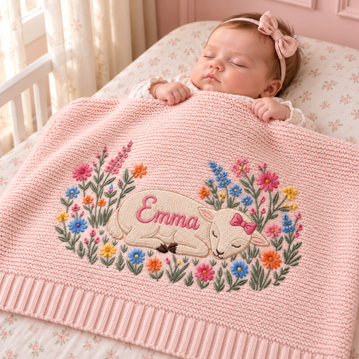 Custom Name Baby Knitted Blanket Sleeping Lamb Wildflowers Warm Infant Swaddle Sheet Throw