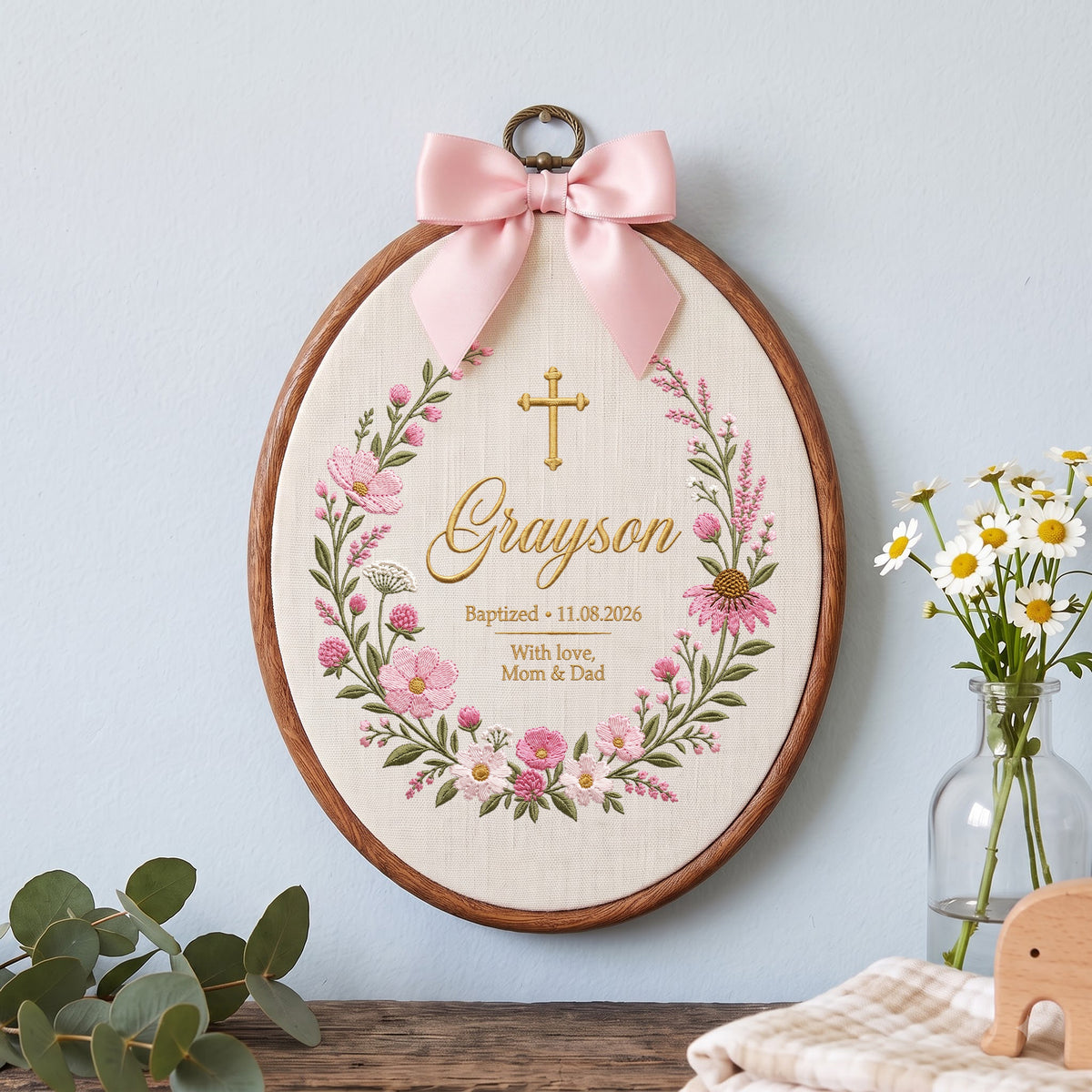 Personalized Baby Name Baptism Embroidery Hoop Art Custom Christening Floral Keepsake