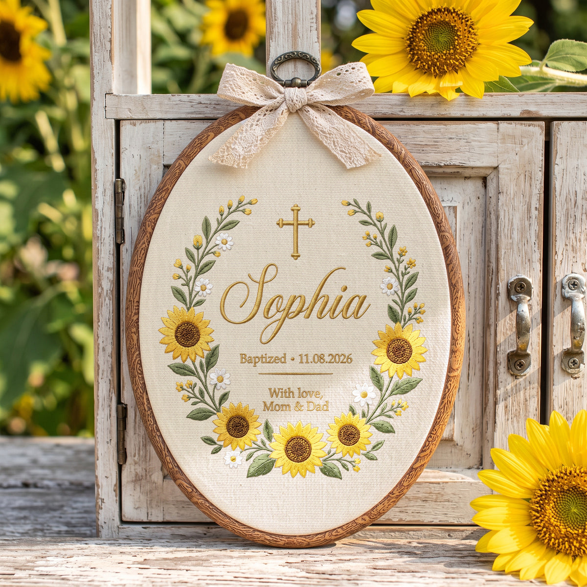 Personalized Baby Name Sunflower Baptism Embroidery Hoop Art Custom Christening Keepsake